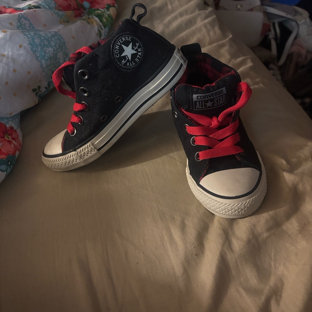 Converse Kids Black and Red Plaid Sneakers